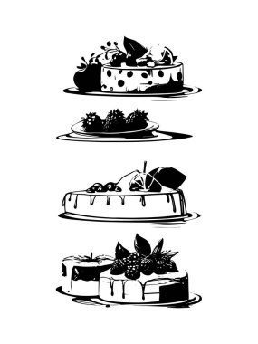 Pasta ile ilgili simgeler: ince vektör simgesi seti, siyah ve beyaz kit