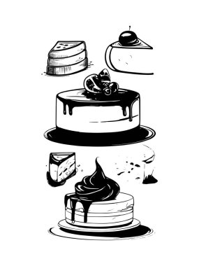 Pasta ile ilgili simgeler: ince vektör simgesi seti, siyah ve beyaz kit