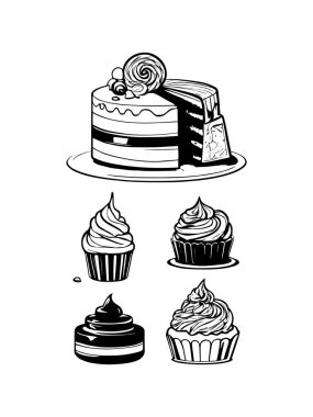 Pasta ile ilgili simgeler: ince vektör simgesi seti, siyah ve beyaz kit