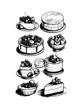 Pasta ile ilgili simgeler: ince vektör simgesi seti, siyah ve beyaz kit