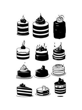 Pasta ile ilgili simgeler: ince vektör simgesi seti, siyah ve beyaz kit