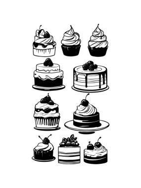 Pasta ile ilgili simgeler: ince vektör simgesi seti, siyah ve beyaz kit