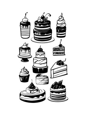 Pasta ile ilgili simgeler: ince vektör simgesi seti, siyah ve beyaz kit