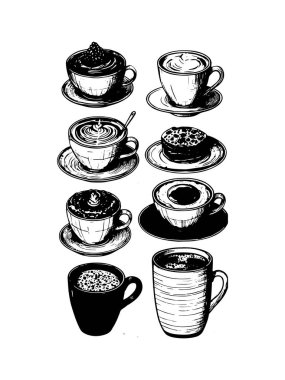 Elle çizilmiş kahve seti. Kahve krokisi.