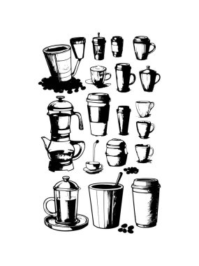 Elle çizilmiş kahve seti. Kahve krokisi.