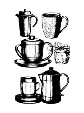 Elle çizilmiş kahve seti. Kahve krokisi.