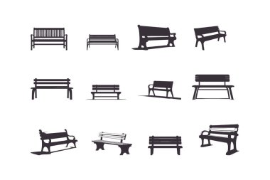 Set collection wooden bench silhouette icon symbol. Desk chair vector illustration clipart