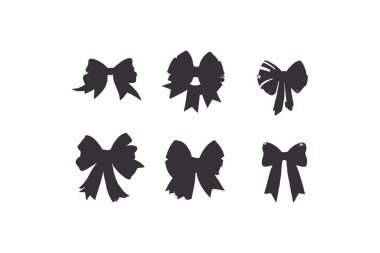 Büyük el, beyaz arka planda izole edilmiş dekoratif fiyonklar ve kurdeleler çizdi. Saç süsleme için siyah siluet, kutlama partisi eşyaları, hediye paketi, hediye kartları ve lüks paket.