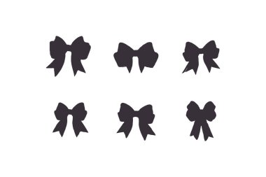 Büyük el, beyaz arka planda izole edilmiş dekoratif fiyonklar ve kurdeleler çizdi. Saç süsleme için siyah siluet, kutlama partisi eşyaları, hediye paketi, hediye kartları ve lüks paket.