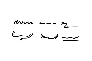 Elle çizilmiş sevimli çizgi film ifadesinin vektör kümesi karalama çizgisi vuruşu. hareket çizimi, eğri yön okları, emoticon efektleri tasarım elemanları, çizgi film karakteri duygu sembolleri,