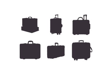 Siluetler Suitcase simgesi vektör illüstrasyonunu ayarladı. Beyaz arkaplanda izole.