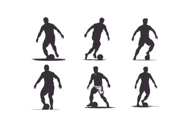 Futbolcu silueti. Siluet takımının siluet oyuncusu topa vuruyor.