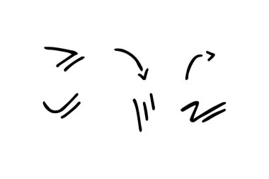 Elle çizilmiş sevimli çizgi film ifadesinin vektör kümesi karalama çizgisi vuruşu. hareket çizimi, eğri yön okları, emoticon efektleri tasarım elemanları, çizgi film karakteri duygu sembolleri,