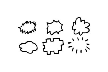 Elle çizilmiş sevimli çizgi film ifadesinin vektör kümesi karalama çizgisi vuruşu. hareket çizimi, eğri yön okları, emoticon efektleri tasarım elemanları, çizgi film karakteri duygu sembolleri,