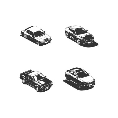 Düz izometrik yüksek kalite vektör modern tasarım arabalar. Sedan, minibüs, elektrikli araba ve scooter. Bilgi grafikleri, ticari, web ve oyun tasarımı için