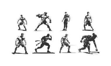 Silhouette bodybuilder, group of bodybuilders. Set of isolated vector silhouettes. Ink drawing. Team sport