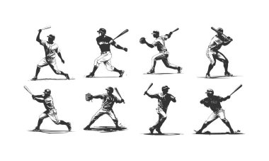 Silhouette Baseball plaeyrs, group of baseball. Set of isolated vector silhouettes. Ink drawing. Team sport