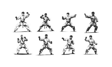 Silhouette Karate, group of Karate. Set of isolated vector silhouettes. Ink drawing. Team sport
