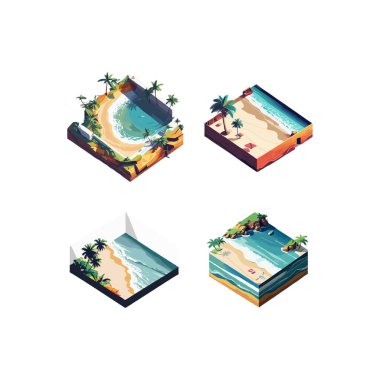 Şemsiyenin altında güneşli yataklar, palmiye ağaçları ve deniz fenerli bir yelkenli teknesi olan tropikal bir kumsal manzarası. Beyaz arka planda izole edilmiş vektör çizimi.