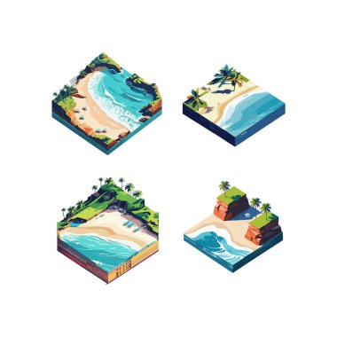 Şemsiyenin altında güneşli yataklar, palmiye ağaçları ve deniz fenerli bir yelkenli teknesi olan tropikal bir kumsal manzarası. Beyaz arka planda izole edilmiş vektör çizimi.