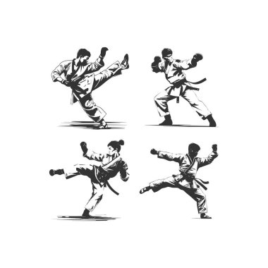  set of silhouettes of martial arts Taekwondo with different action, pose. isolated on white background. vector illustration