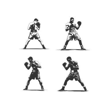  set of silhouettes of martial arts Boxing with different action, pose. isolated on white background. vector illustration.