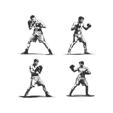  set of silhouettes of martial arts Boxing with different action, pose. isolated on white background. vector illustration.