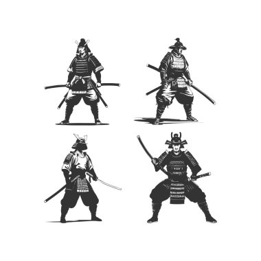 set of silhouettes of Samurai with different action, pose. isolated on white background. vector illustration