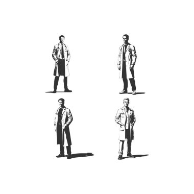 set of silhouettes of Doctor with different action, pose. isolated on white background. vector illustration.