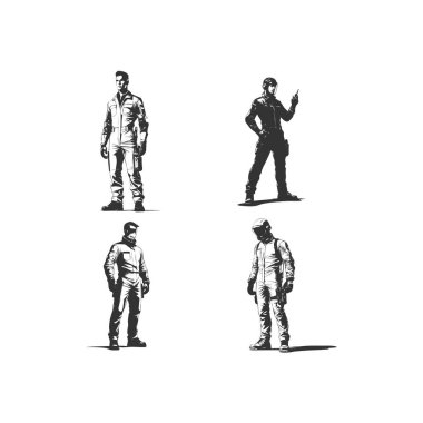 set of silhouettes of Technician with different action, pose. isolated on white background. vector illustration.