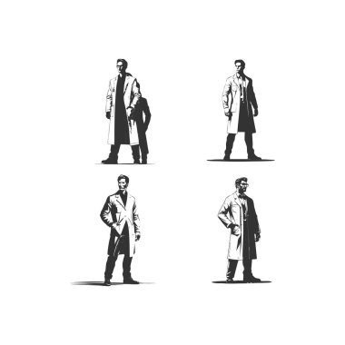 set of silhouettes of Scientists with different action, pose. isolated on white background. vector illustration.