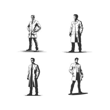 set of silhouettes of Scientists with different action, pose. isolated on white background. vector illustration.