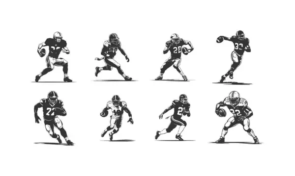 Silhouette American football, group of American football players. Set of isolated vector silhouettes. Ink drawing. Team sport