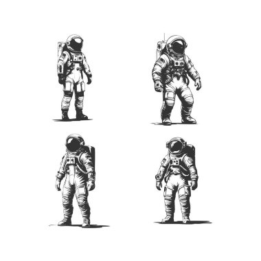  Farklı eylem vektör görüntüsüne sahip siluet astronot kümesi izole edilmiş beyaz arkaplan