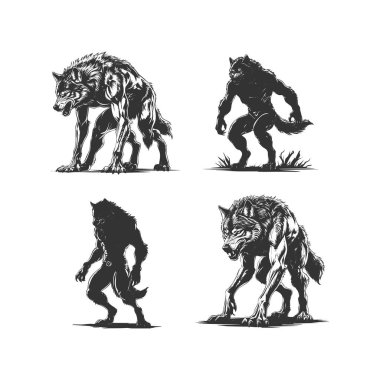 Farklı aksiyon vektör görüntüsüne sahip bir grup siluet Kurt Adam beyaz arka grubunu izole etti