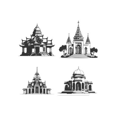 Beyaz arka plan basit tasarım siluetinde izole edilmiş Hindu Tapınağı siluet simgesi çizimi