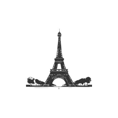 Eyfel kulesi beyaz arkaplan çiziminde siyah izole edilmiş basit tasarım.