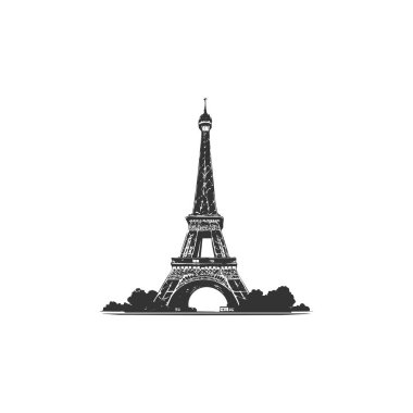 Eyfel kulesi beyaz arkaplan çiziminde siyah izole edilmiş basit tasarım.