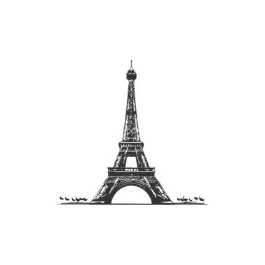 Eyfel kulesi beyaz arkaplan çiziminde siyah izole edilmiş basit tasarım.