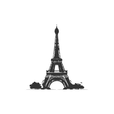 Eyfel kulesi beyaz arkaplan çiziminde siyah izole edilmiş basit tasarım.