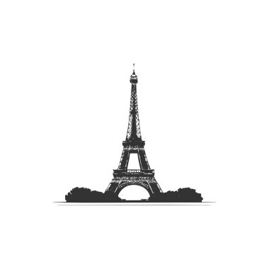 Eyfel kulesi beyaz arkaplan çiziminde siyah izole edilmiş basit tasarım.