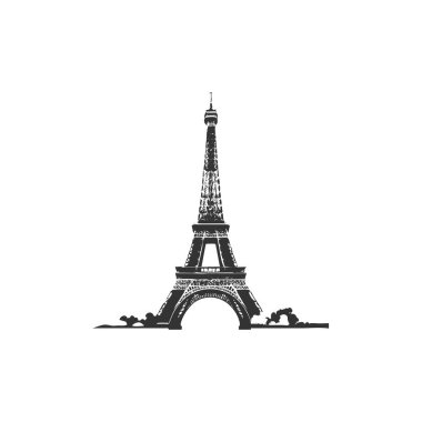 Eyfel kulesi beyaz arkaplan çiziminde siyah izole edilmiş basit tasarım.