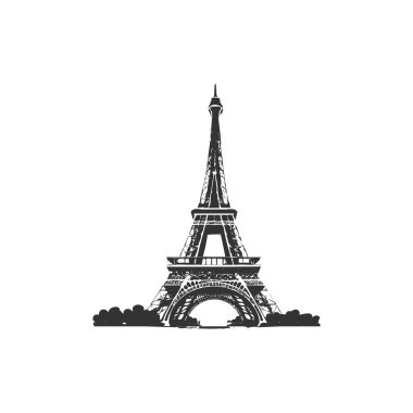 Eyfel kulesi beyaz arkaplan çiziminde siyah izole edilmiş basit tasarım.