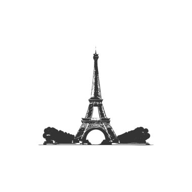 Eyfel kulesi beyaz arkaplan çiziminde siyah izole edilmiş basit tasarım.