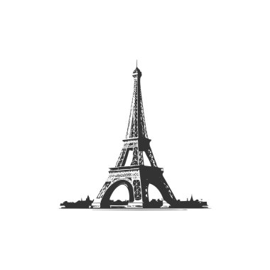 Eyfel kulesi beyaz arkaplan çiziminde siyah izole edilmiş basit tasarım.