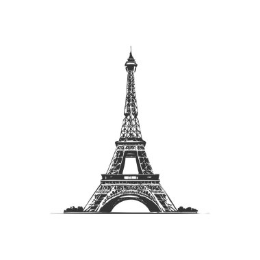 Eyfel kulesi beyaz arkaplan çiziminde siyah izole edilmiş basit tasarım.