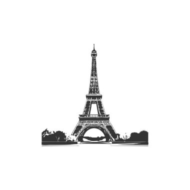 Eyfel kulesi beyaz arkaplan çiziminde siyah izole edilmiş basit tasarım.