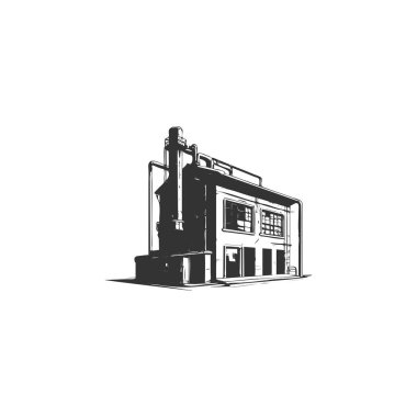 Fabrika siyah silueti beyaz arkaplan çiziminde izole edilmiş basit tasarım.