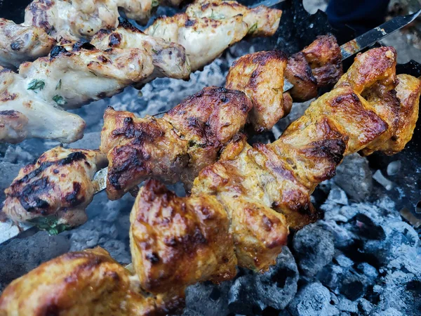 Carne Grelhada Grelha Churrasco Shish Kebab Cozinhar — Fotografia de Stock