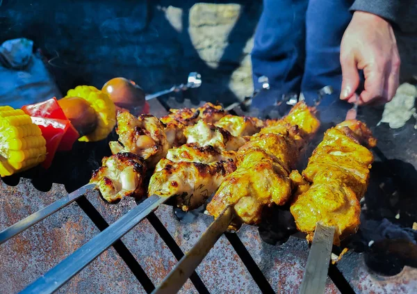 Ψητό Κρέας Στη Σχάρα Μπάρμπεκιου Shish Kebab Μαγείρεμα — Φωτογραφία Αρχείου